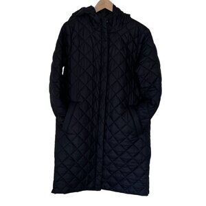 Eileen Fisher Quilted Puffer Black Long Hooded Coat Lightweight Ecodown PetiteM